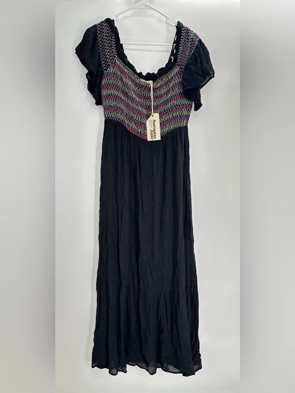 NWT Savanna Jane Maxi Dress Large Black Embroidered Smocked Boho Flutter Sleeve